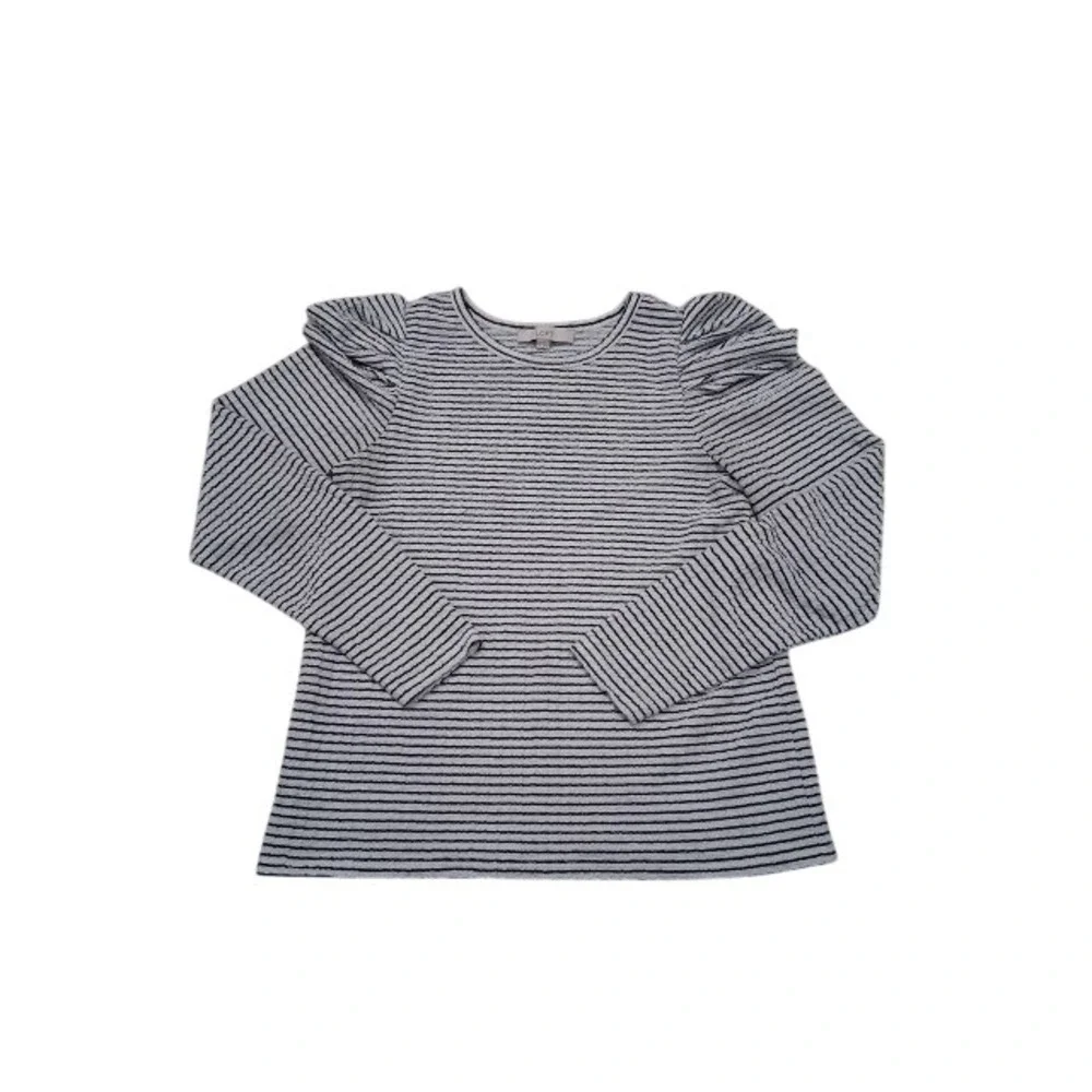 Loft Womens Navy White Striped Puff Shoulder Textured Long Sleeve Top Size M